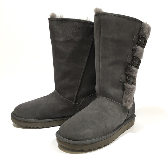 UGG KLEA BUCKLE BOOTS -CHARCOAL SUEDE / SHEEPSKIN TRIM -US 11 -NEW - Picture 5 of 9